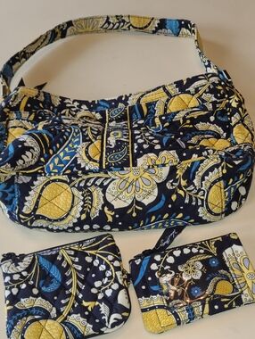 Vera Bradley Quilted Paisley Shoulder Bag & Accessories in Navy, Yellow & White